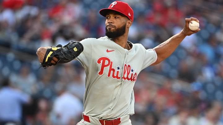 Jun 25, 2026; Washington, District of Columbia, USA; Philadelphia Phillies pitcher Cristopher Sánchez (61) throws to the Washington Nationals during the second inning at Nationals Park.