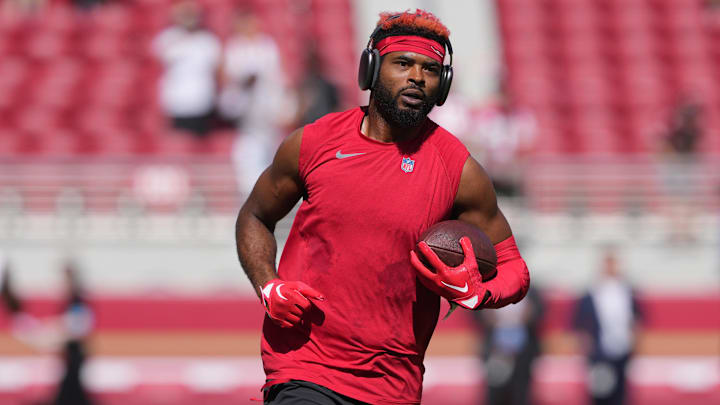Oct 6, 2024; Santa Clara, California, USA; San Francisco 49ers wide receiver Jauan Jennings (15) warms up before the game against the Arizona Cardinals at Levi's Stadium. Mandatory Credit: Darren Yamashita-Imagn Images