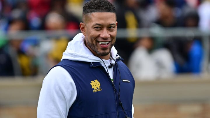 Apr 20, 2024; Notre Dame, IN, USA; Notre Dame Fighting Irish head coach Marcus Freeman watches in the Blue-Gold game at Notre Dame Stadium.
