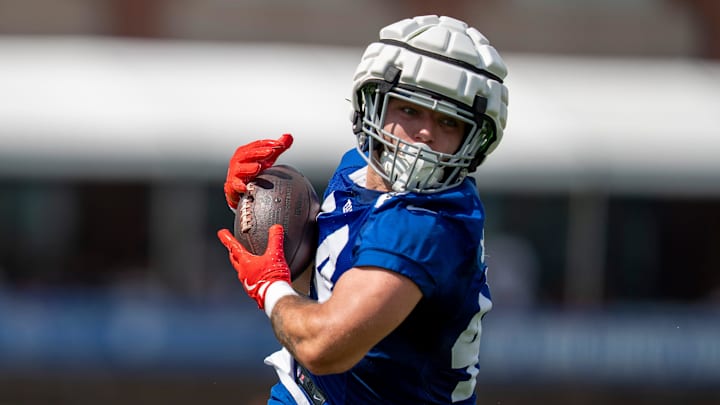 New York Giants running back Cam Skattebo (44) makes a catch during day one of the New York Giants training camp at Quest Diagnostics Giants Training Center in East Rutherford on Wednesday, July 23, 2025.