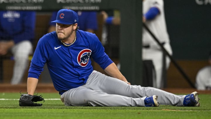 Mar 28, 2024; Arlington, Texas, USA; Chicago Cubs starting pitcher Justin Steele (35) grabs his leg Mar 28, 2024; Arlington, Texas, USA; Chicago Cubs starting pitcher Justin Steele (35) grabs his leg