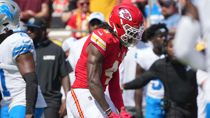 Aug 17, 2024; Kansas City, Missouri, USA; Kansas City Chiefs wide receiver Rashee Rice (4) celebrates after a play against the Detroit Lions during the first half at GEHA Field at Arrowhead Stadium.