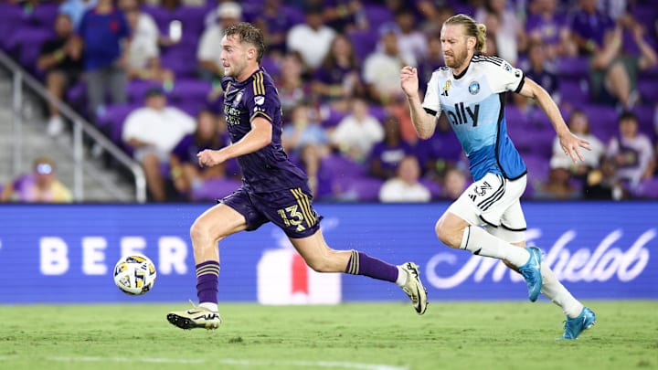 Sep 18, 2024; Orlando, Florida, USA; Orlando City forward Duncan McGuire (13) controls the ball against Charlotte FC in the second half  at Inter&Co Stadium. Mandatory Credit: Nathan Ray Seebeck-Imagn Images