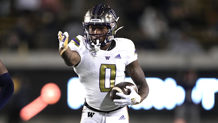 Oct 22, 2022; Berkeley, California, USA; Washington Huskies wide receiver Giles Jackson (0) gestures after catching a pass against the California Golden Bears during the third quarter at FTX Field at California Memorial Stadium.
