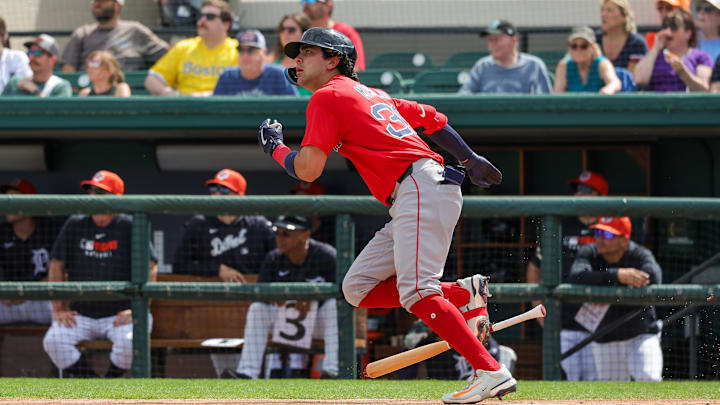 Feb 27, 2025; Lakeland, Florida, USA; Boston Red Sox third baseman Marcelo Mayer (39) watches his fly ball during the first inning against the Detroit Tigers at Publix Field at Joker Marchant Stadium.