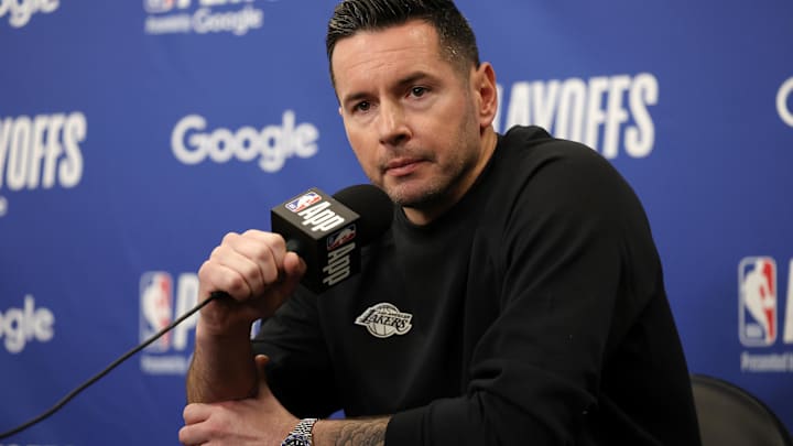 Apr 22, 2025; Los Angeles, California, USA; Los Angeles Lakers head coach JJ Redick speaks to media before a game two of first round for the 2024 NBA Playoffs against the Minnesota Timberwolves at Crypto.com Arena. Mandatory Credit: Kiyoshi Mio-Imagn Images
