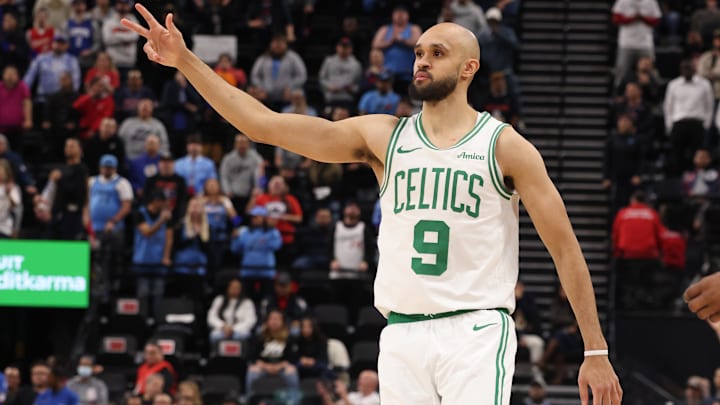 Boston Celtics guard Derrick White (9) celebrates after a basket during overtime against the LA Clippers at Intuit Dome. 