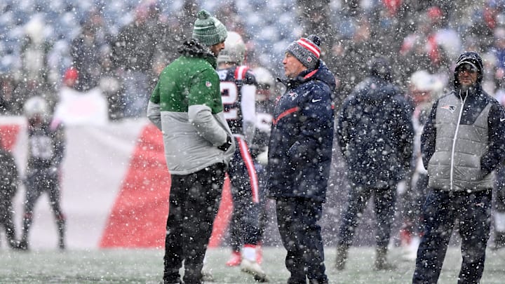 Jan 7, 2024; Foxborough, Massachusetts, USA; New York Jets quarterback Aaron Rodgers (8) talks with New England Patriots head coach Bill Belichick before a game at Gillette Stadium. Mandatory Credit: Brian Fluharty-Imagn Images Jan 7, 2024; Foxborough, Massachusetts, USA; New York Jets quarterback Aaron Rodgers (8) talks with New England Patriots head coach Bill Belichick before a game at Gillette Stadium. Mandatory Credit: Brian Fluharty-Imagn Images