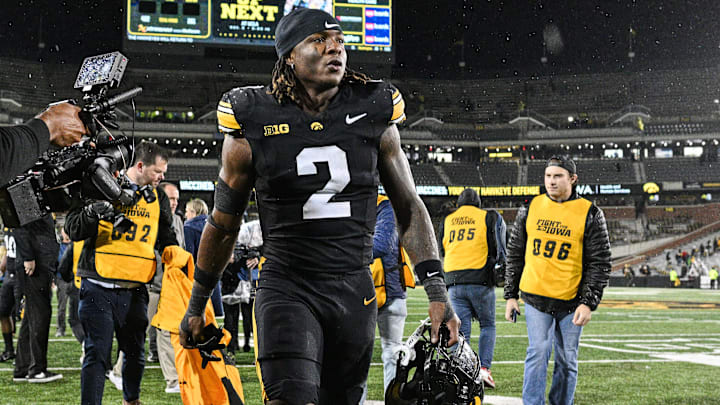 Nov 2, 2024; Iowa City, Iowa, USA; Iowa Hawkeyes running back Kaleb Johnson (2) walks off the field after the game against the Wisconsin Badgers at Kinnick Stadium. Mandatory Credit: Jeffrey Becker-Imagn Images