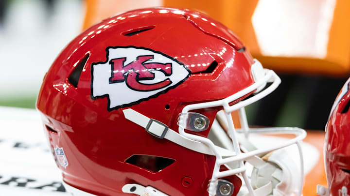 Feb 9, 2025; New Orleans, LA, USA;  Detailed view of a Kansas City Chiefs helmet in Super Bowl LIX at Ceasars Superdome. Mandatory Credit: Mark J. Rebilas-Imagn Images