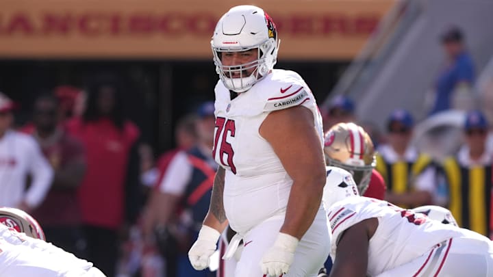 Oct 6, 2024; Santa Clara, California, USA; Arizona Cardinals guard Will Hernandez (76) during the third quarter against the San Francisco 49ers at Levi's Stadium. Mandatory Credit: Darren Yamashita-Imagn Images