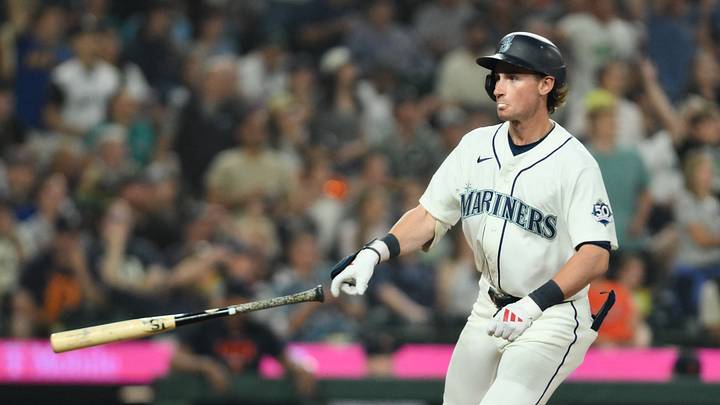 Aug 5, 2026; Seattle, Washington, USA; Seattle Mariners shortstop Colt Emerson (4) tosses his bat after hitting a home run against the Detroit Tigers during the eighth inning at T-Mobile Park. Mandatory Credit: Steven Bisig-Imagn Images Aug 5, 2026; Seattle, Washington, USA; Seattle Mariners shortstop Colt Emerson (4) tosses his bat after hitting a home run against the Detroit Tigers during the eighth inning at T-Mobile Park. Mandatory Credit: Steven Bisig-Imagn Images
