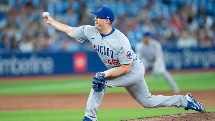 Aug 31, 2022; Toronto, Ontario, CAN; Chicago Cubs relief pitcher Erich Uelmen (46) throws a pitch against the Toronto Blue Jays during the sixth inning at Rogers Centre. 
