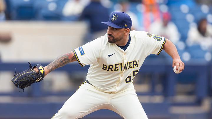 Mar 14, 2025; Phoenix, Arizona, USA; Milwaukee Brewers pitcher Nestor Cortes against the San Francisco Giants during a spring training game at American Family Fields of Phoenix. Mandatory Credit: Mark J. Rebilas-Imagn Images Mar 14, 2025; Phoenix, Arizona, USA; Milwaukee Brewers pitcher Nestor Cortes against the San Francisco Giants during a spring training game at American Family Fields of Phoenix. Mandatory Credit: Mark J. Rebilas-Imagn Images