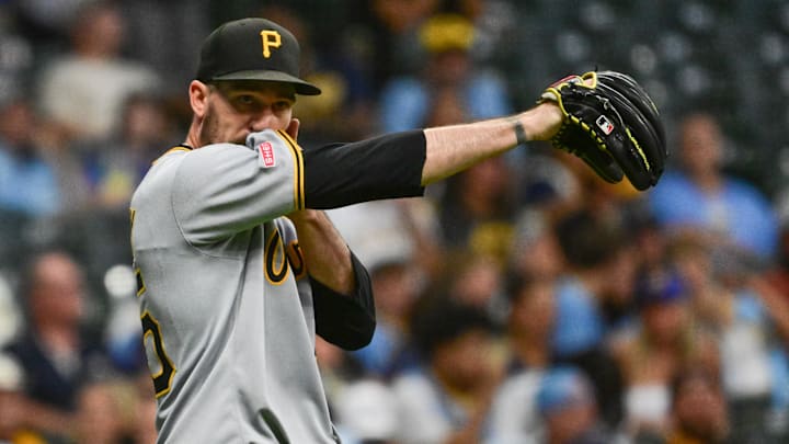 Aug 11, 2025; Milwaukee, Wisconsin, USA; Pittsburgh Pirates starting pitcher Andrew Heaney (45) looks on while pitching in the fourth inning against the Milwaukee Brewers at American Family Field. Mandatory Credit: Benny Sieu-Imagn Images