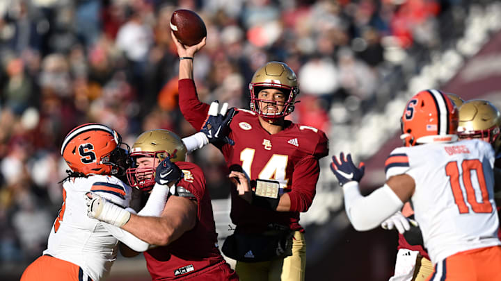 Nov 9, 2024; Chestnut Hill, Massachusetts, USA; Boston College Eagles quarterback Grayson James (14) throws against the Syracuse Orange during the second half at Alumni Stadium. Mandatory Credit: Brian Fluharty-Imagn Images Nov 9, 2024; Chestnut Hill, Massachusetts, USA; Boston College Eagles quarterback Grayson James (14) throws against the Syracuse Orange during the second half at Alumni Stadium. Mandatory Credit: Brian Fluharty-Imagn Images