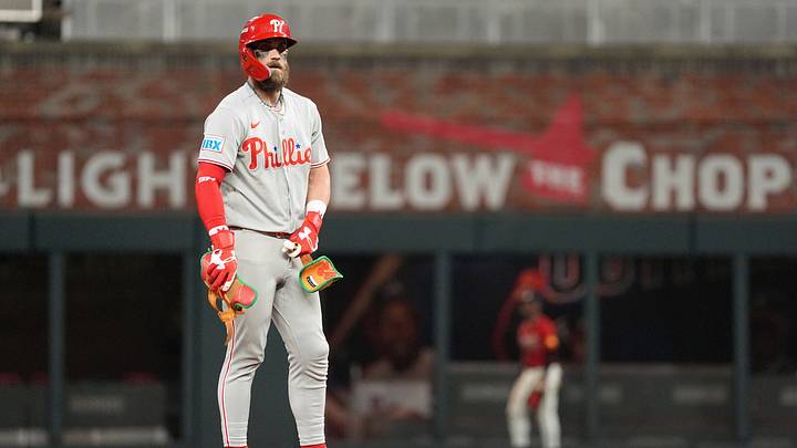 Oct 1, 2026; Cumberland, Georgia, USA; Philadelphia Phillies infielder Bryce Harper (3) stands on second base against the Atlanta Braves during the sixth inning in game three of the Wildcard round for the 2026 MLB Playoffs at Truist Field. Mandatory Credit: Dale Zanine-Imagn Images Oct 1, 2026; Cumberland, Georgia, USA; Philadelphia Phillies infielder Bryce Harper (3) stands on second base against the Atlanta Braves during the sixth inning in game three of the Wildcard round for the 2026 MLB Playoffs at Truist Field. Mandatory Credit: Dale Zanine-Imagn Images