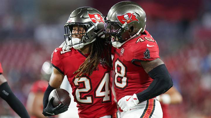 Tampa Bay Buccaneers cornerback Tyrek Funderburk (24) reacts with linebacker Antonio Grier Jr. (48) after intercepting the ball against the Tennessee Titans in the fourth quarter during a preseason game at Raymond James Stadium. Mandatory Credit: Nathan Ray Seebeck-Imagn Images Tampa Bay Buccaneers cornerback Tyrek Funderburk (24) reacts with linebacker Antonio Grier Jr. (48) after intercepting the ball against the Tennessee Titans in the fourth quarter during a preseason game at Raymond James Stadium. Mandatory Credit: Nathan Ray Seebeck-Imagn Images