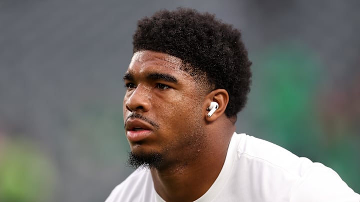 Sep 4, 2025; Philadelphia, Pennsylvania, USA; Philadelphia Eagles linebacker Jihaad Campbell (30) looks on during warmups prior to the game against the Dallas Cowboys at Lincoln Financial Field. Mandatory Credit: Bill Streicher-Imagn Images