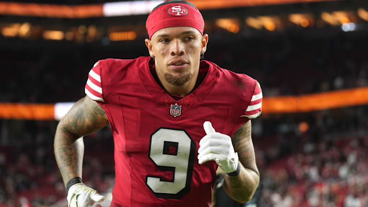 Oct 19, 2025; Santa Clara, California, USA; San Francisco 49ers wide receiver Skyy Moore (9) after the game against the Atlanta Falcons at Levi's Stadium.