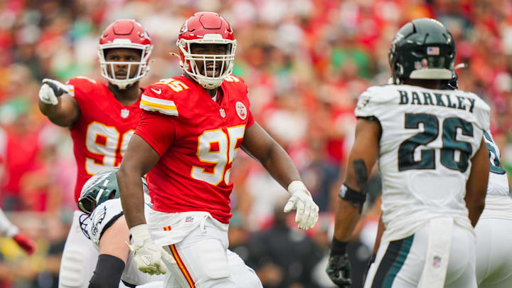 Sep 14, 2025; Kansas City, Missouri, USA; Kansas City Chiefs defensive tackle Chris Jones (95) reacts during the first half against the Philadelphia Eagles at GEHA Field at Arrowhead Stadium. Mandatory Credit: Jay Biggerstaff-Imagn Images