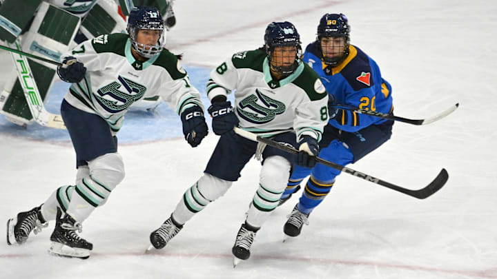 Nov 30, 2024; Toronto, ON, CANADA; Boston Fleet forwards Lexie Adzija (88) and Taylor Girard (17) pursue the play against Toronto Sceptres forward Sarah Nurse (20) in the third period at Coca-Cola Coliseum. Mandatory Credit: Dan Hamilton-Imagn Images Nov 30, 2024; Toronto, ON, CANADA; Boston Fleet forwards Lexie Adzija (88) and Taylor Girard (17) pursue the play against Toronto Sceptres forward Sarah Nurse (20) in the third period at Coca-Cola Coliseum. Mandatory Credit: Dan Hamilton-Imagn Images