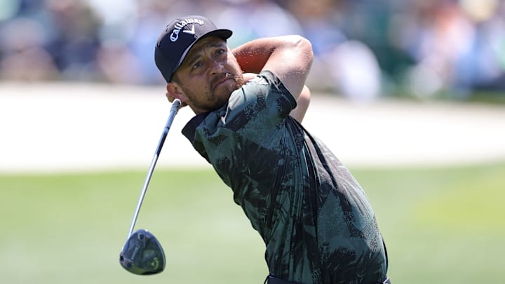Xander Schauffele tees off during a practice round at Augusta National ahead of the 2025 Masters