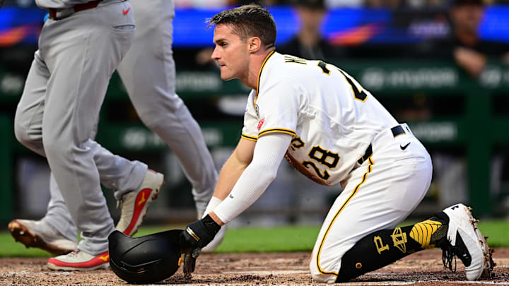 Apr 27, 2026; Pittsburgh, Pennsylvania, USA; Pittsburgh Pirates center fielder Jake Mangum (28) reacts after being tagged out at home plate after being caught in a rundown during the fourth inning against the St. Louis Cardinals at PNC Park. Mandatory Credit: David Dermer-Imagn Images
