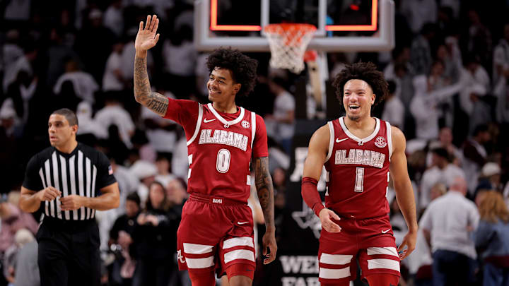 Jan 11, 2025; College Station, Texas, USA; Alabama Crimson Tide guards Labaron Philon (0) and Mark Sears (1) react after the final buzzer against the Texas A&M Aggies at Reed Arena. Mandatory Credit: Erik Williams-Imagn Images Jan 11, 2025; College Station, Texas, USA; Alabama Crimson Tide guards Labaron Philon (0) and Mark Sears (1) react after the final buzzer against the Texas A&M Aggies at Reed Arena. Mandatory Credit: Erik Williams-Imagn Images