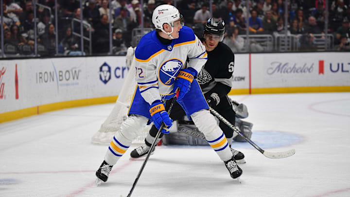 Mar 21, 2026; Los Angeles, California, USA; Buffalo Sabres center Tage Thompson (72) moves the puck against Los Angeles Kings right wing Quinton Byfield (55) during the first period at Crypto.com Arena. Mandatory Credit: Gary A. Vasquez-Imagn Images
