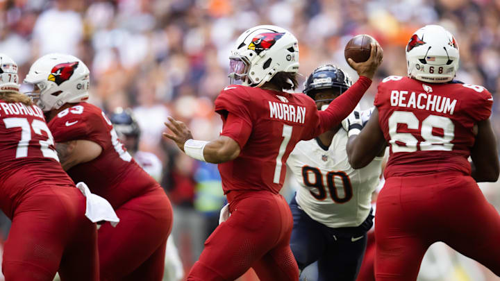 Nov 3, 2024; Glendale, Arizona, USA; Arizona Cardinals quarterback Kyler Murray (1) against the Chicago Bears at State Farm Stadium. Mandatory Credit: Mark J. Rebilas-Imagn Images