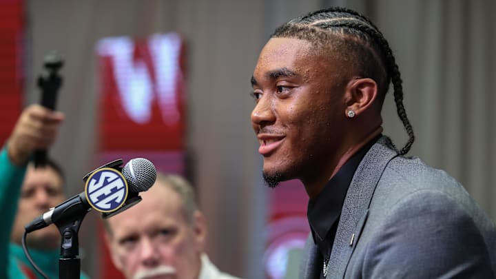 Jul 17, 2025; Atlanta, GA, USA; Arkansas Razorbacks quarterback Taylen Green answers questions from the media during the SEC Media Days at Omni Atlanta Hotel. Mandatory Credit: Jordan Godfree-Imagn Images