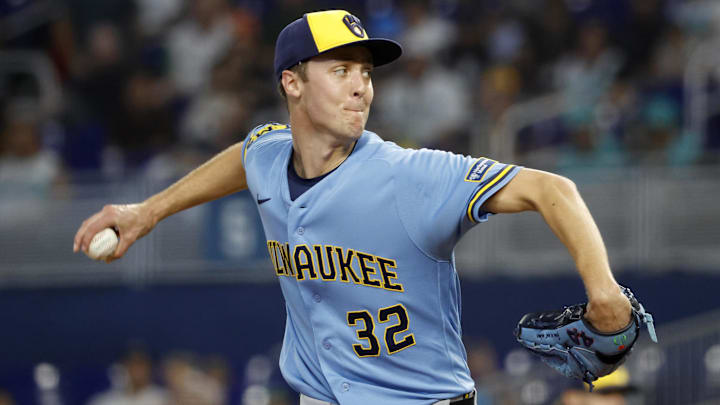 Apr 19, 2026; Miami, Florida, USA;  Milwaukee Brewers starting pitcher Jacob Misiorowski (32) throws against the Miami Marlins during the first inning at loanDepot Park. Mandatory Credit: Rhona Wise-Imagn Images