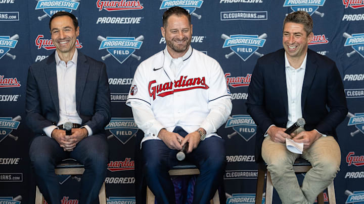 Nov 10, 2023; Cleveland, OH, USA;  Cleveland Guardians manager Stephen Vogt, middle, and president of baseball operations Chris Antonetti, left, and general manager Mike Chernoff, right, talk to the media during an introductory press conference at Progressive Field. Mandatory Credit: Ken Blaze-USA TODAY Sports
