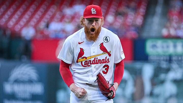 Jun 2, 2026; St. Louis, Missouri, USA; St. Louis Cardinals starting pitcher Dustin May (3) reacts after stranding a runner at third and striking out Texas Rangers first baseman Jake Burger (not pictured) to end the first inning at Busch Stadium. Mandatory Credit: Jeff Curry-Imagn Images Jun 2, 2026; St. Louis, Missouri, USA; St. Louis Cardinals starting pitcher Dustin May (3) reacts after stranding a runner at third and striking out Texas Rangers first baseman Jake Burger (not pictured) to end the first inning at Busch Stadium. Mandatory Credit: Jeff Curry-Imagn Images