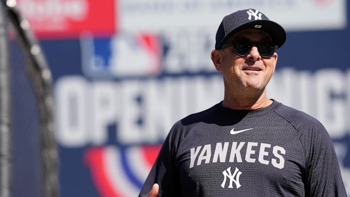 Mar 25, 2026; San Francisco, California, USA; New York Yankees manager Aaron Boone (17) stands on the field before the start of the game against the San Francisco Giants at Oracle Park. Mandatory Credit: Cary Edmondson-Imagn Images
