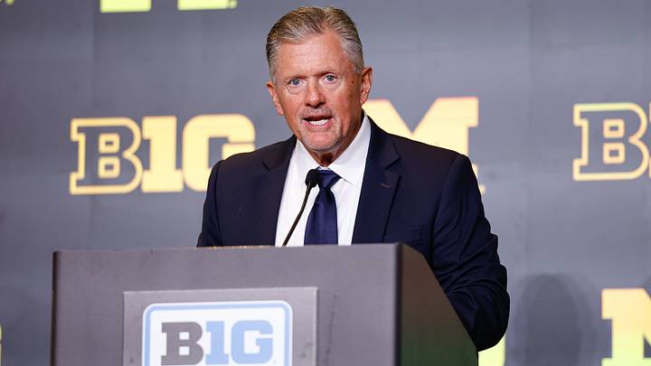 Jul 30, 2026; Chicago, IL, USA; Michigan Football head coach Kyle Whittingham speaks during Big Ten Media Days at Hilton Chicago. Mandatory Credit: Kamil Krzaczynski-Imagn Images