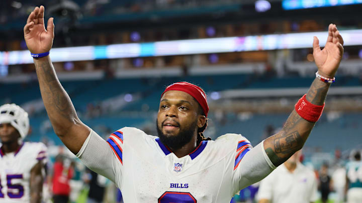 Sep 12, 2024; Miami Gardens, Florida, USA; Buffalo Bills safety Damar Hamlin (3) celebrates after the game against the Miami Dolphins at Hard Rock Stadium. Mandatory Credit: Sam Navarro-Imagn Images