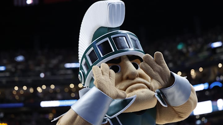 Mar 19, 2023; Columbus, OH, USA; Michigan State Spartans mascot Sparta in the first half against the Mar 19, 2023; Columbus, OH, USA; Michigan State Spartans mascot Sparta in the first half against the