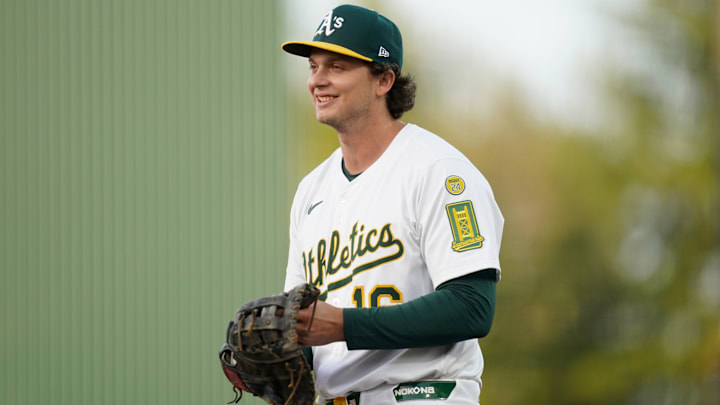Apr 23, 2025; West Sacramento, California, USA; Athletics first baseman Nick Kurtz (16) stands on the field before the start of the game against the Texas Rangers at Sutter Health Park. Mandatory Credit: Cary Edmondson-Imagn Images Apr 23, 2025; West Sacramento, California, USA; Athletics first baseman Nick Kurtz (16) stands on the field before the start of the game against the Texas Rangers at Sutter Health Park. Mandatory Credit: Cary Edmondson-Imagn Images