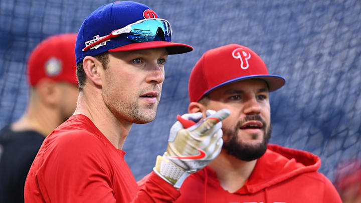 Nov 1, 2022; Philadelphia, PA, USA; Philadelphia Phillies first baseman Rhys Hoskins (17) and
