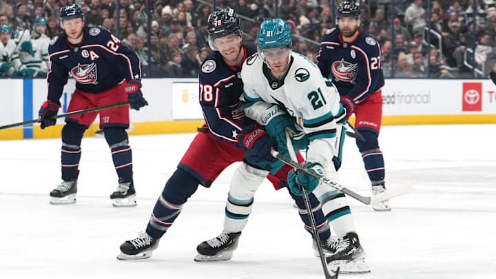 Blue Jackets defenseman Damon Severson hugs former Jacket and current Sharks center Alex Wennberg. Blue Jackets defenseman Damon Severson hugs former Jacket and current Sharks center Alex Wennberg.