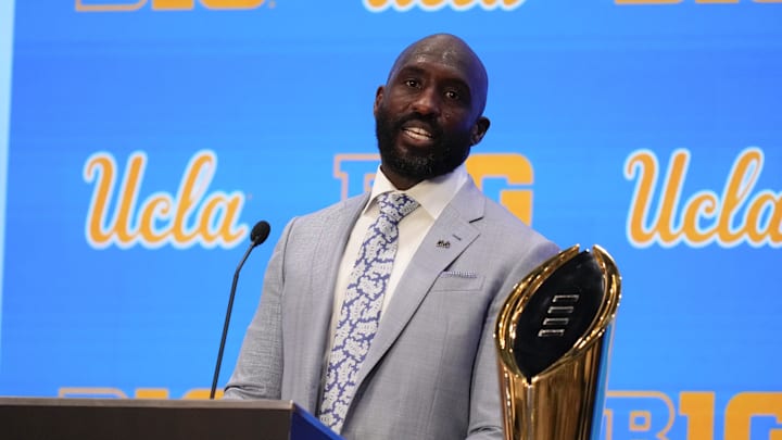 Jul 24, 2025; Las Vegas, NV, USA; UCLA head coach DeShaun Foster speaks to the media during the Big Ten NCAA college football media days at Mandalay Bay Resort. Mandatory Credit: Lucas Peltier-Imagn Images