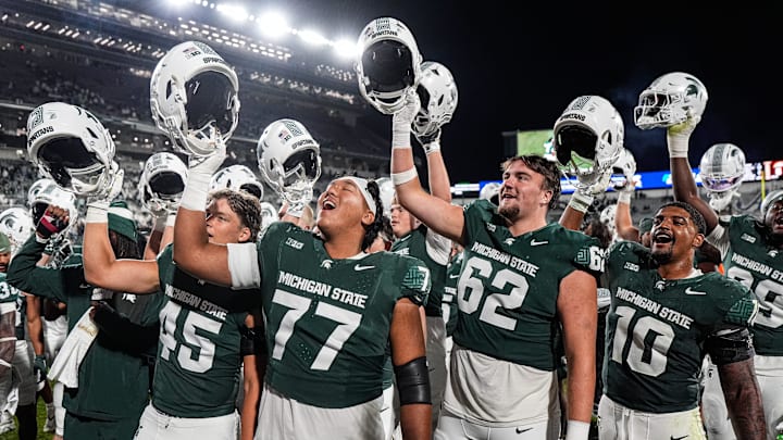 Michigan State players sing the fight song after 23-6 win over Western Michigan at Spartan Stadium in East Lansing on Friday, August 29, 2025.