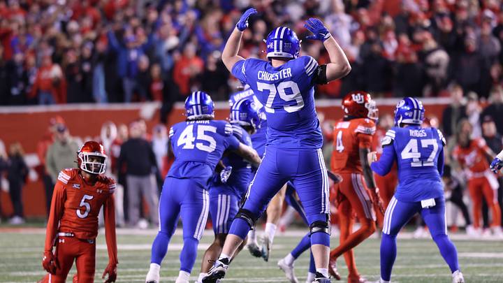 Nov 9, 2024; Salt Lake City, Utah, USA; Brigham Young Cougars offensive lineman Kaden Chidester (79) reacts after a field goal to defeat the Utah Utes at Rice-Eccles Stadium. Mandatory Credit: Rob Gray-Imagn Images