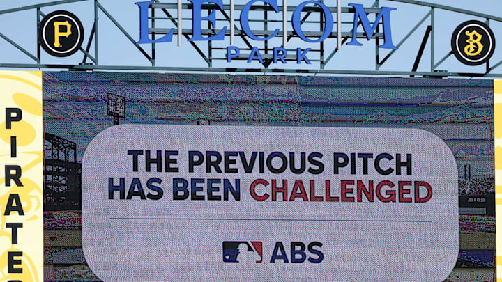 Mar 7, 2025; Bradenton, Florida, USA; a pitch was challenged during a spring training game between the Pittsburgh Pirates and Philadelphia Phillies at LECOM Park. Mandatory Credit: Nathan Ray Seebeck-Imagn Images