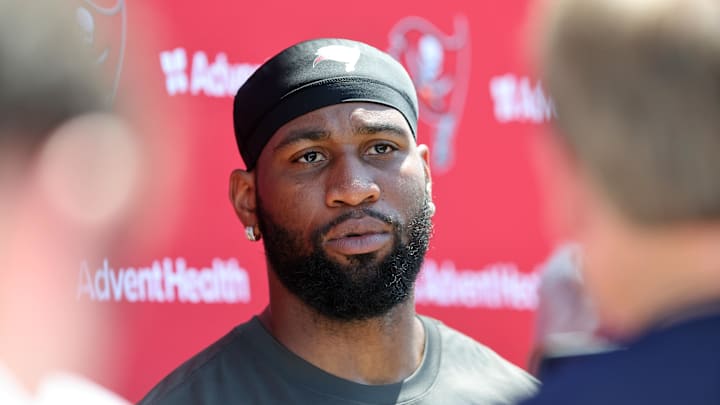 Tampa Bay Buccaneers linebacker Haason Reddick talks with media after minicamp at One Buc Place. 