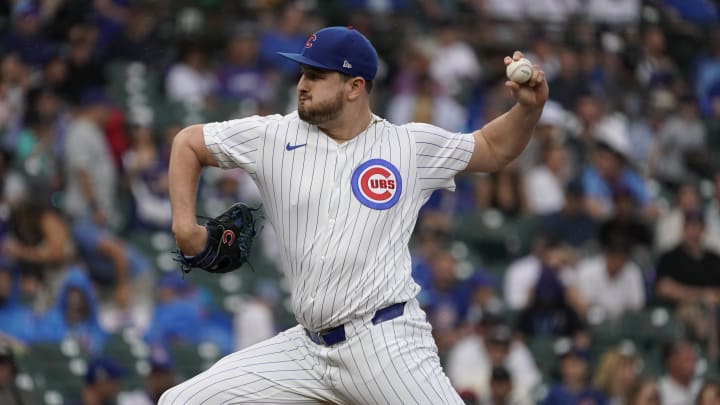 Jul 7, 2024; Chicago, Illinois, USA; Chicago Cubs pitcher Luke Little (43) throws the ball against the Los Angeles Angels during the ninth inning at Wrigley Field. Jul 7, 2024; Chicago, Illinois, USA; Chicago Cubs pitcher Luke Little (43) throws the ball against the Los Angeles Angels during the ninth inning at Wrigley Field.