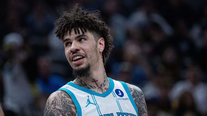 Nov 19, 2025; Indianapolis, Indiana, USA; Charlotte Hornets guard LaMelo Ball (1) looks on in the first half against the Indiana Pacers at Gainbridge Fieldhouse.