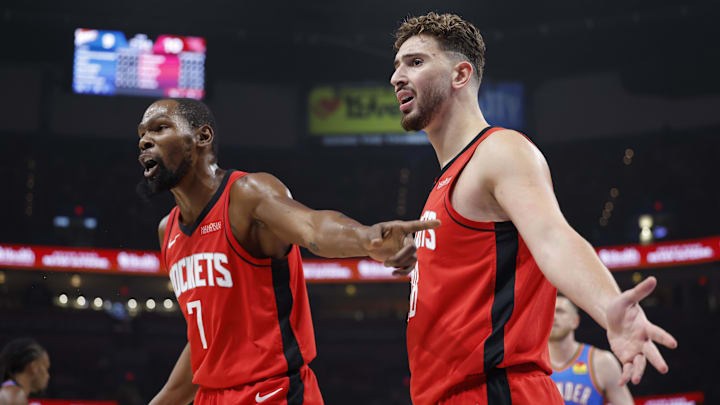 Oct 21, 2025; Oklahoma City, Oklahoma, USA; Houston Rockets forward Kevin Durant (7) and center Alperen Sengun (28) react after a play against the Oklahoma City Thunder during the first half at Paycom Center. Mandatory Credit: Alonzo Adams-Imagn Images Oct 21, 2025; Oklahoma City, Oklahoma, USA; Houston Rockets forward Kevin Durant (7) and center Alperen Sengun (28) react after a play against the Oklahoma City Thunder during the first half at Paycom Center. Mandatory Credit: Alonzo Adams-Imagn Images
